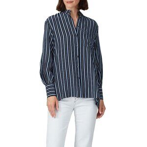 CO Blue Black Stripe Printed Button Front 100% Silk Shirt Women's Size X-Small X